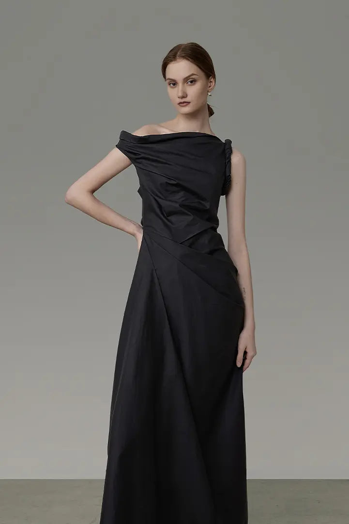 Asymmetric Black Sleeveless One Shoulder Maxi Dress