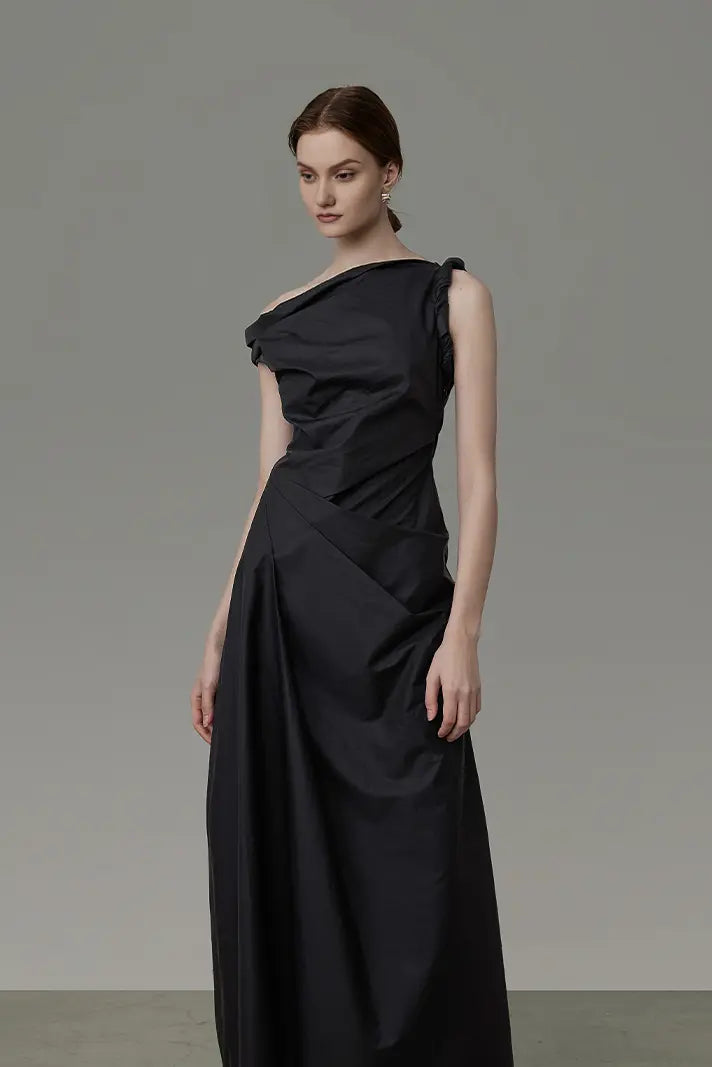 Asymmetric Black Sleeveless One Shoulder Maxi Dress