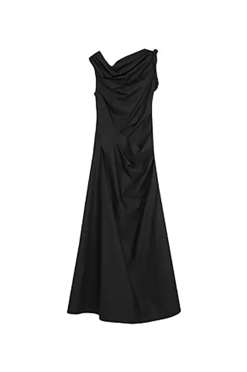 Asymmetric Black Sleeveless One Shoulder Maxi Dress
