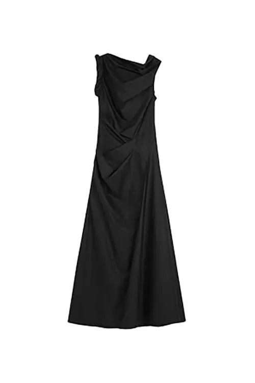 Asymmetric Black Sleeveless One Shoulder Maxi Dress