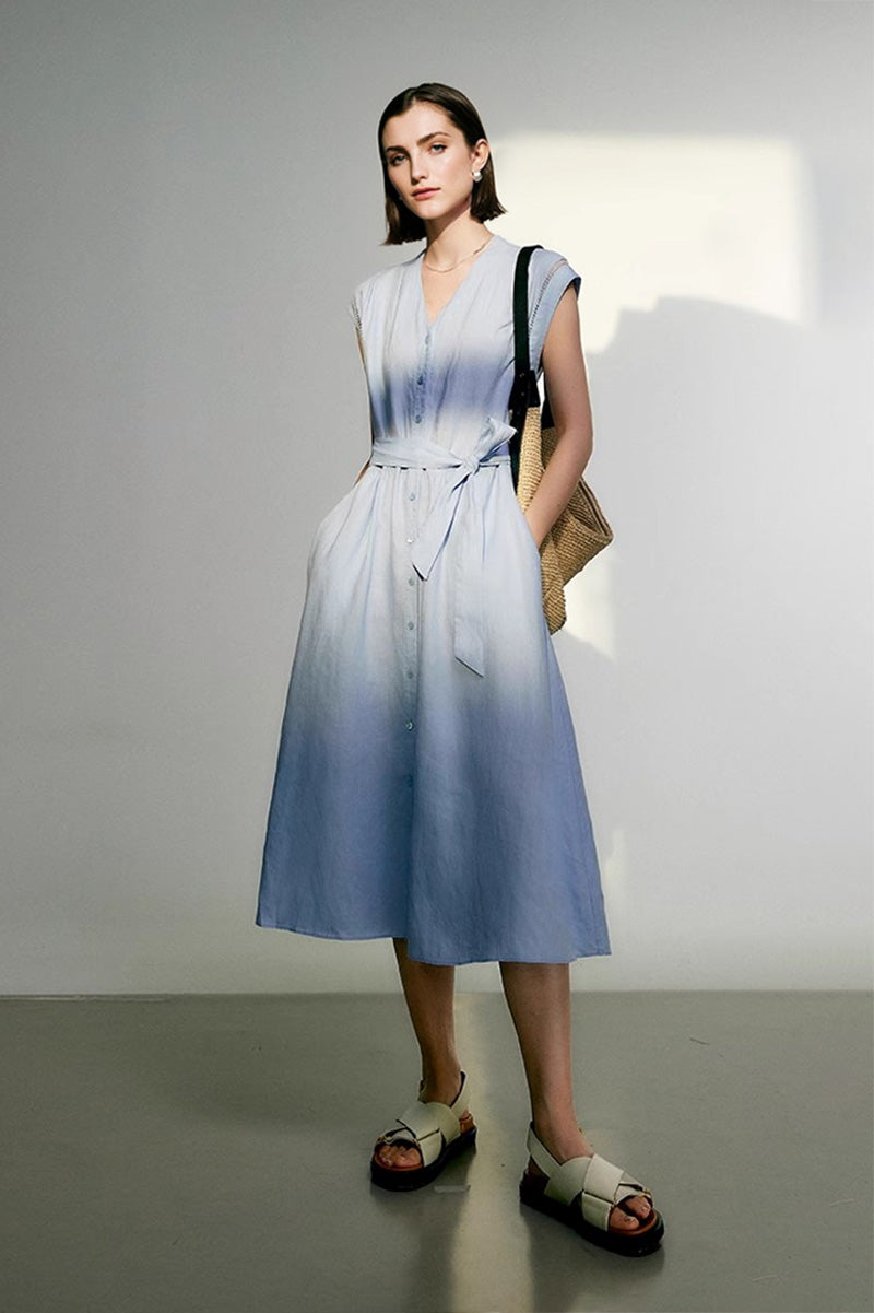 Baby Blue 100 Linen Cap-Sleeve Button-Front Belted Midi Dress