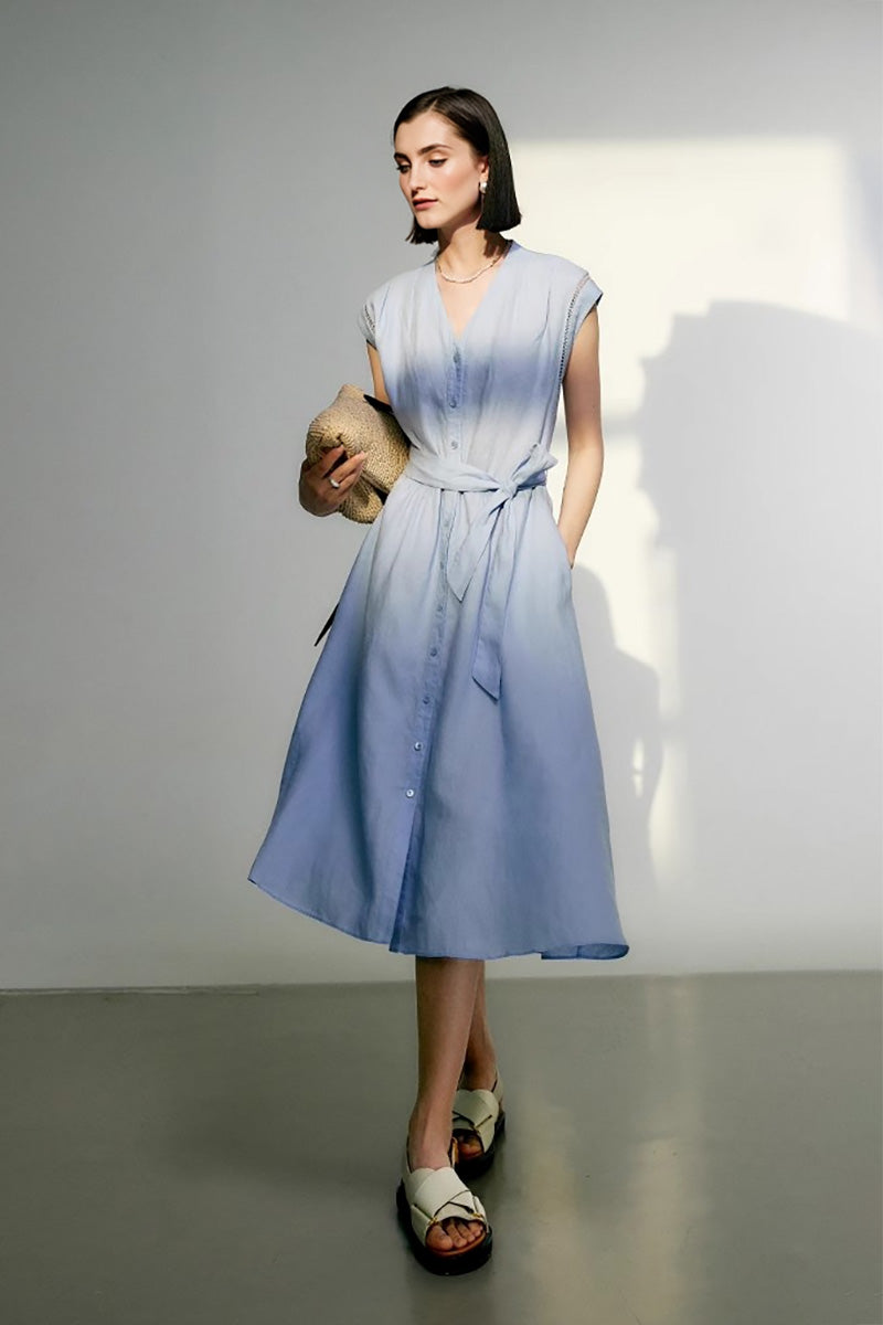 Baby Blue 100 Linen Cap-Sleeve Button-Front Belted Midi Dress