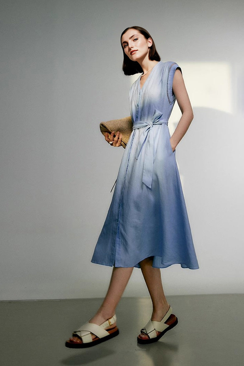 Baby Blue 100 Linen Cap-Sleeve Button-Front Belted Midi Dress