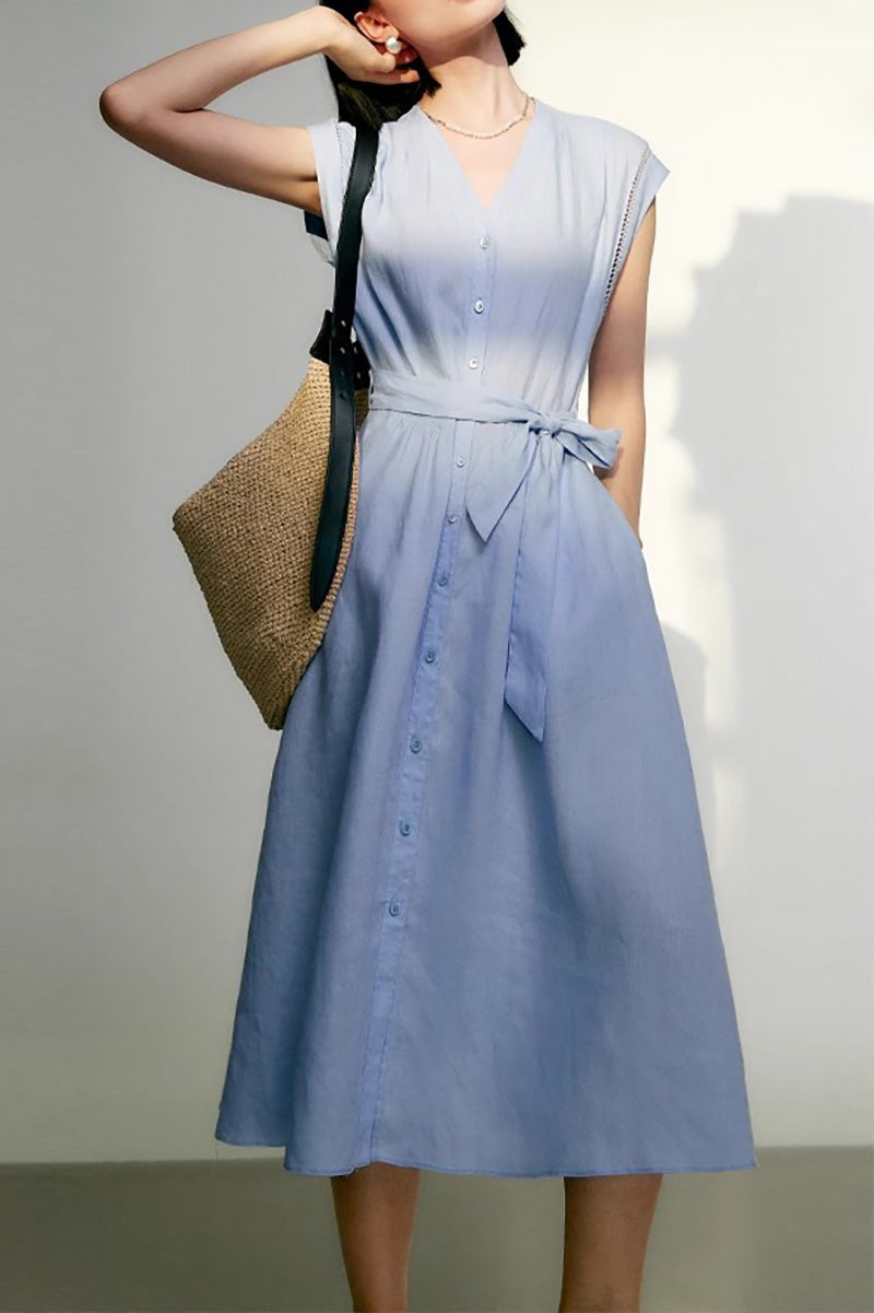 Baby Blue 100 Linen Cap-Sleeve Button-Front Belted Midi Dress