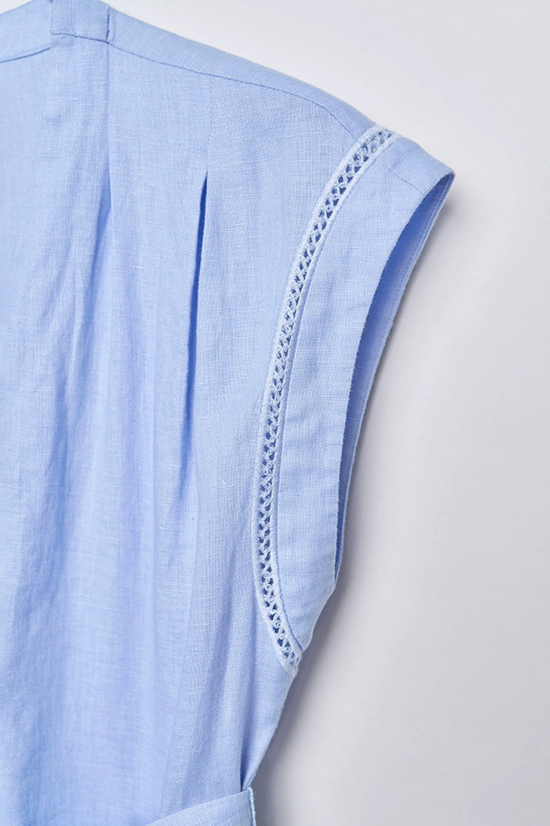 Baby Blue 100 Linen Cap-Sleeve Button-Front Belted Midi Dress