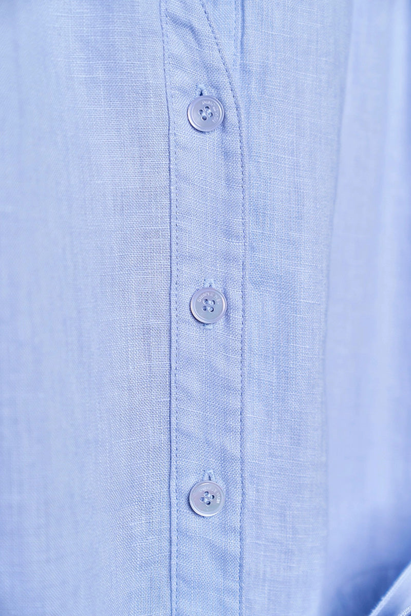 Baby Blue 100 Linen Cap-Sleeve Button-Front Belted Midi Dress