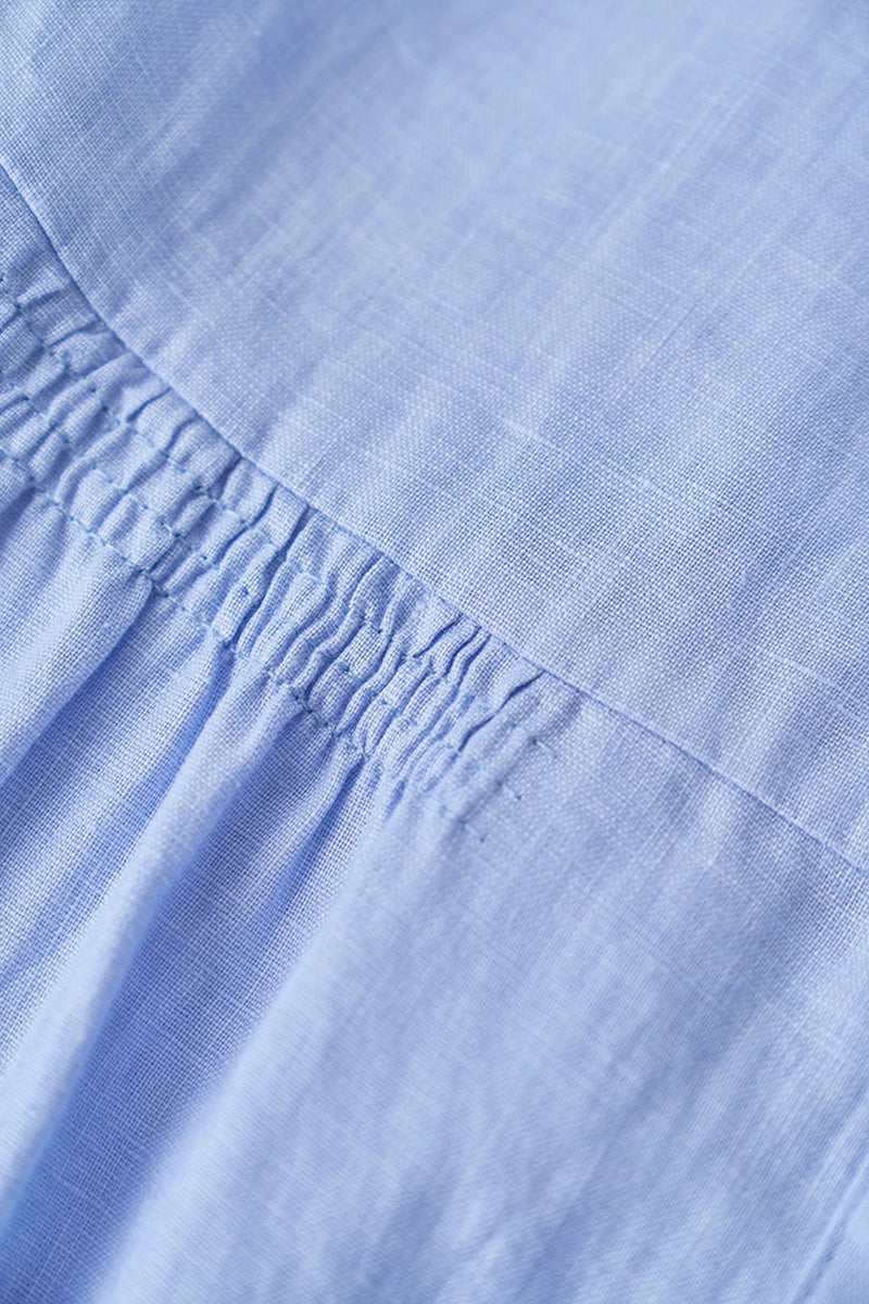 Baby Blue 100 Linen Cap-Sleeve Button-Front Belted Midi Dress