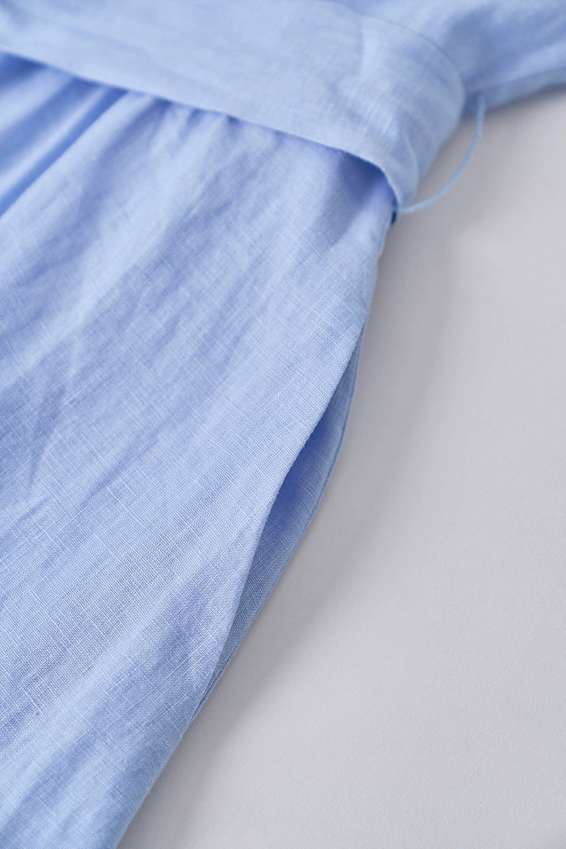 Baby Blue 100 Linen Cap-Sleeve Button-Front Belted Midi Dress