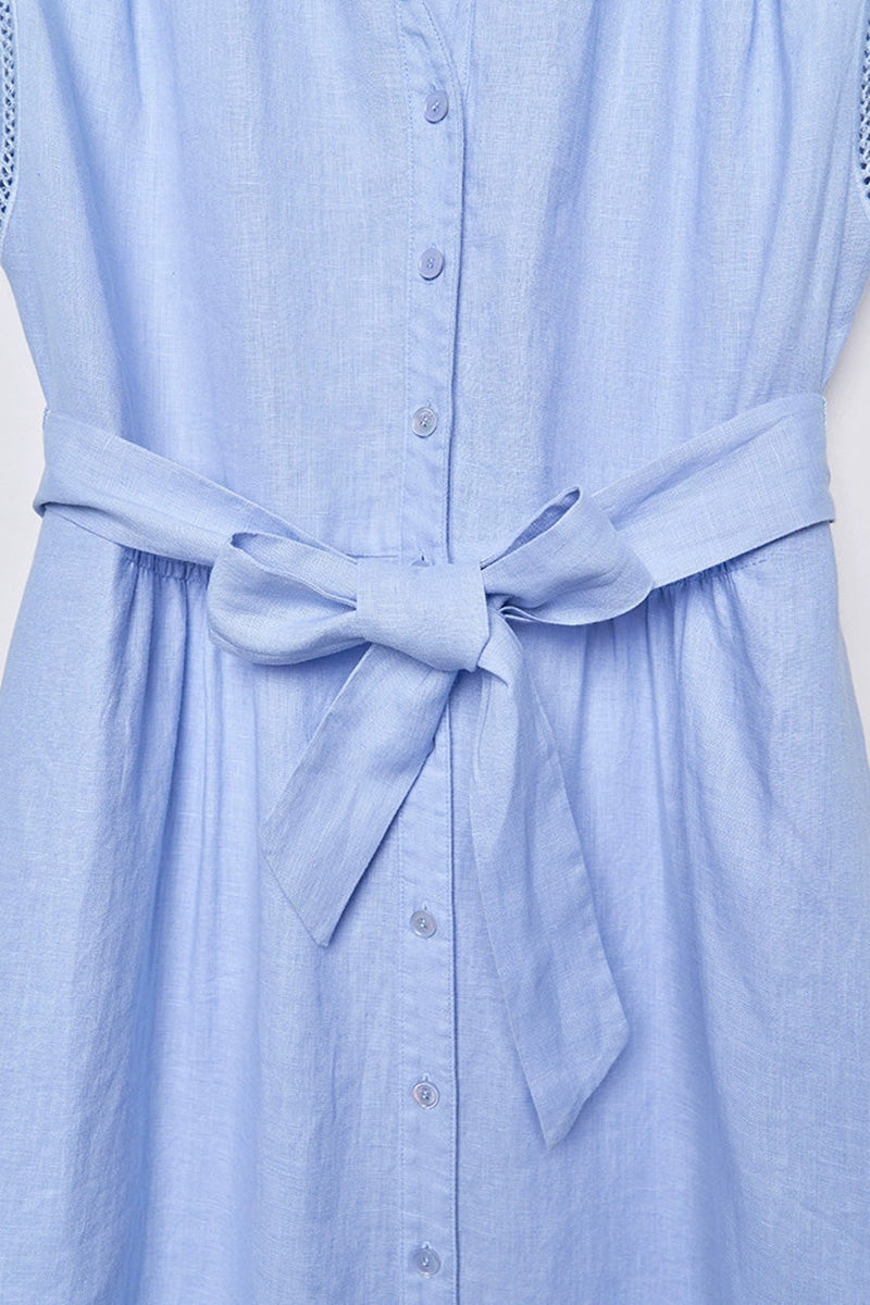 Baby Blue 100 Linen Cap-Sleeve Button-Front Belted Midi Dress