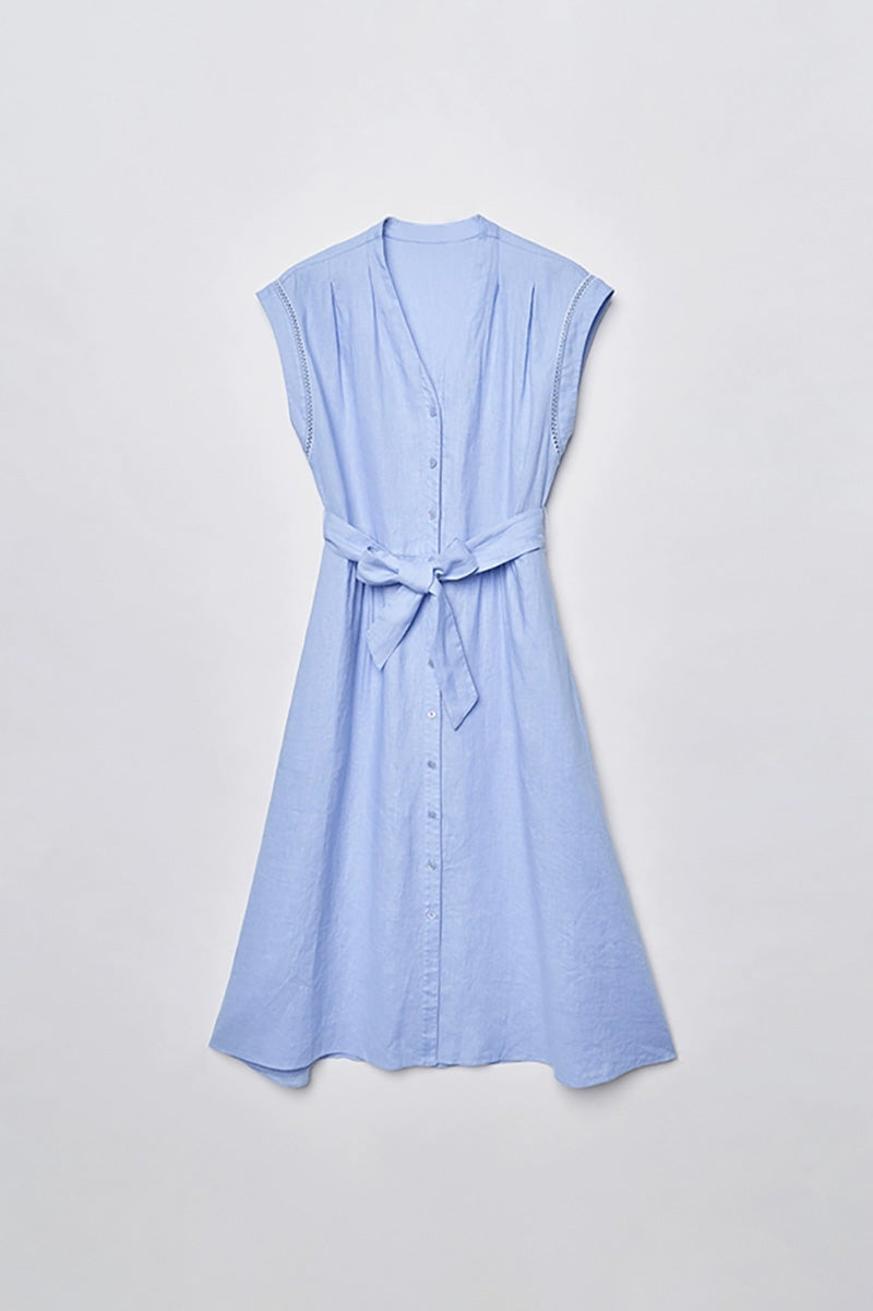 Baby Blue 100 Linen Cap-Sleeve Button-Front Belted Midi Dress