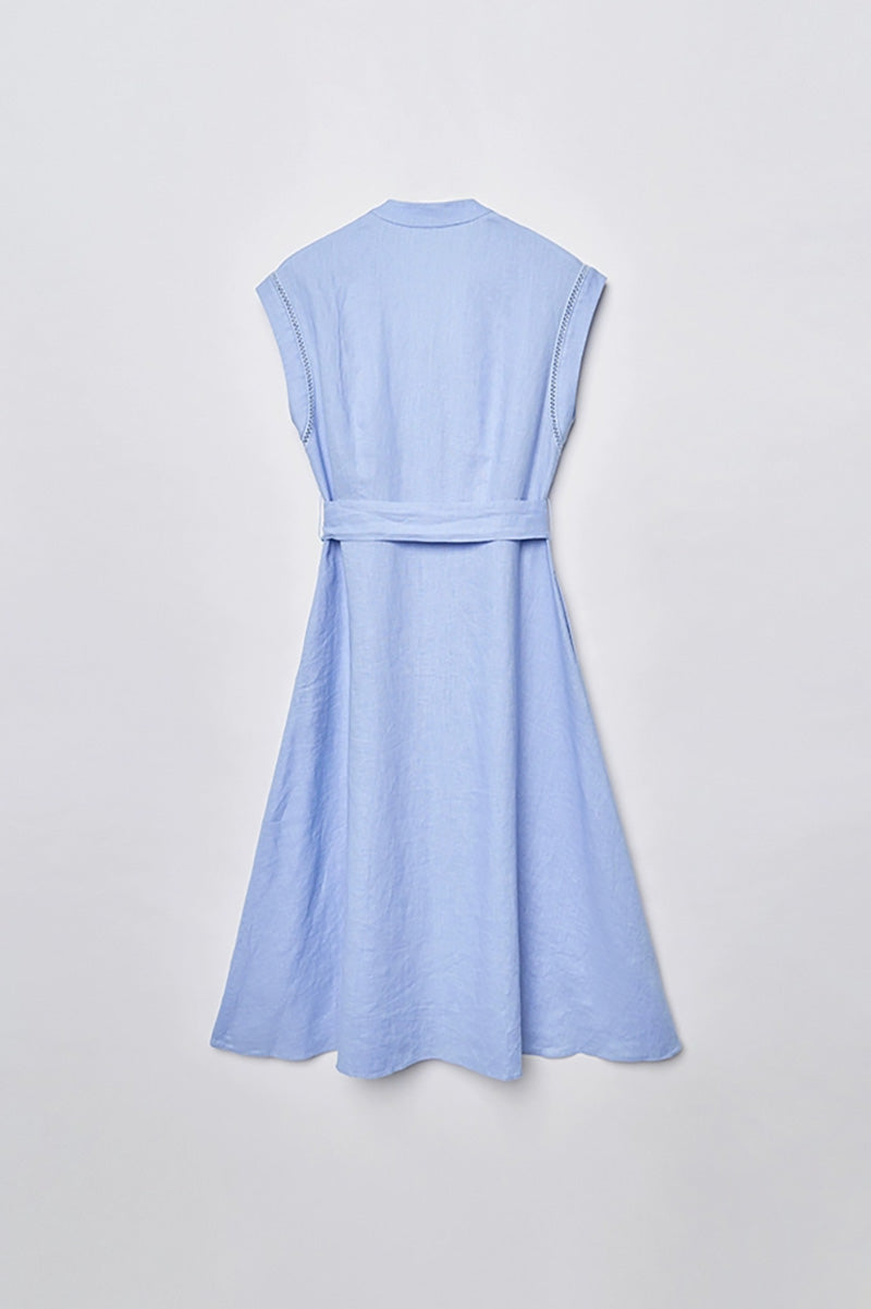 Baby Blue 100 Linen Cap-Sleeve Button-Front Belted Midi Dress