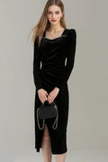 Black Long Sleeve Velvet Midi Dress with Ruched Neck and Front Slit