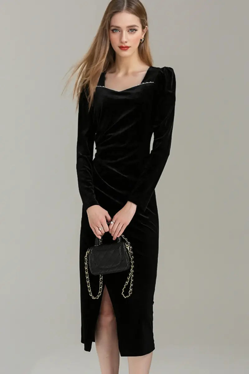 Black Long Sleeve Velvet Midi Dress with Ruched Neck and Front Slit