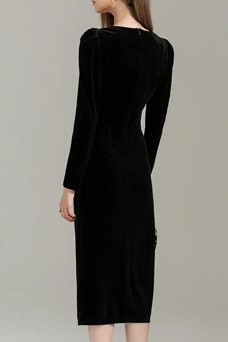 Black Long Sleeve Velvet Midi Dress with Ruched Neck and Front Slit