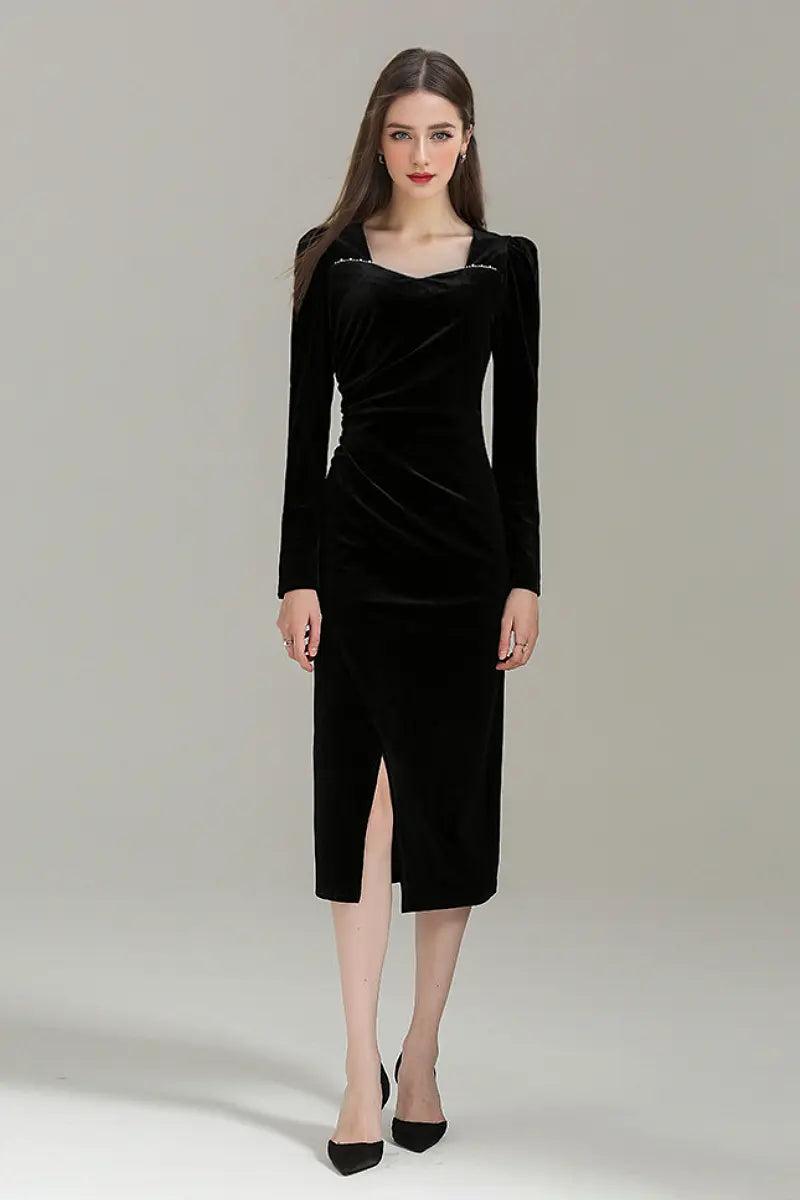 Black Long Sleeve Velvet Midi Dress with Ruched Neck and Front Slit