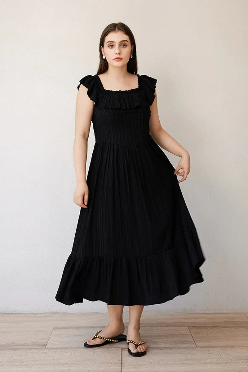 Black Off-the-Shoulder Ruffled Fit & Flare Midi Dress