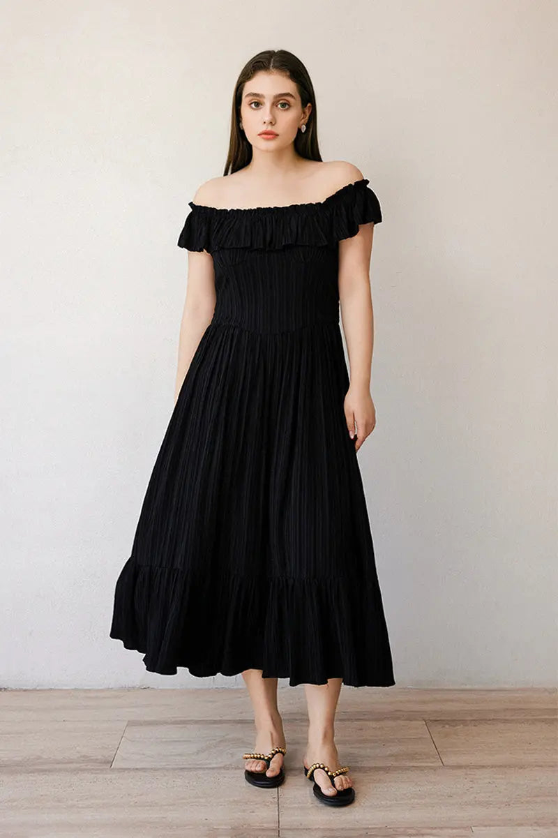 Black Off-the-Shoulder Ruffled Fit & Flare Midi Dress