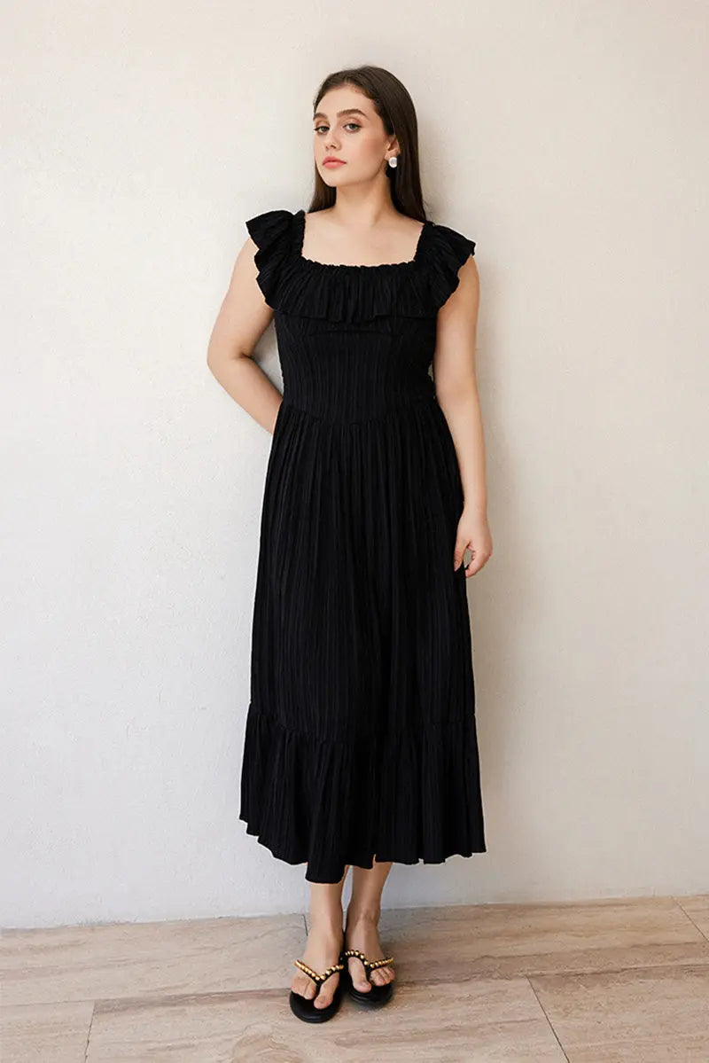 Black Off-the-Shoulder Ruffled Fit & Flare Midi Dress