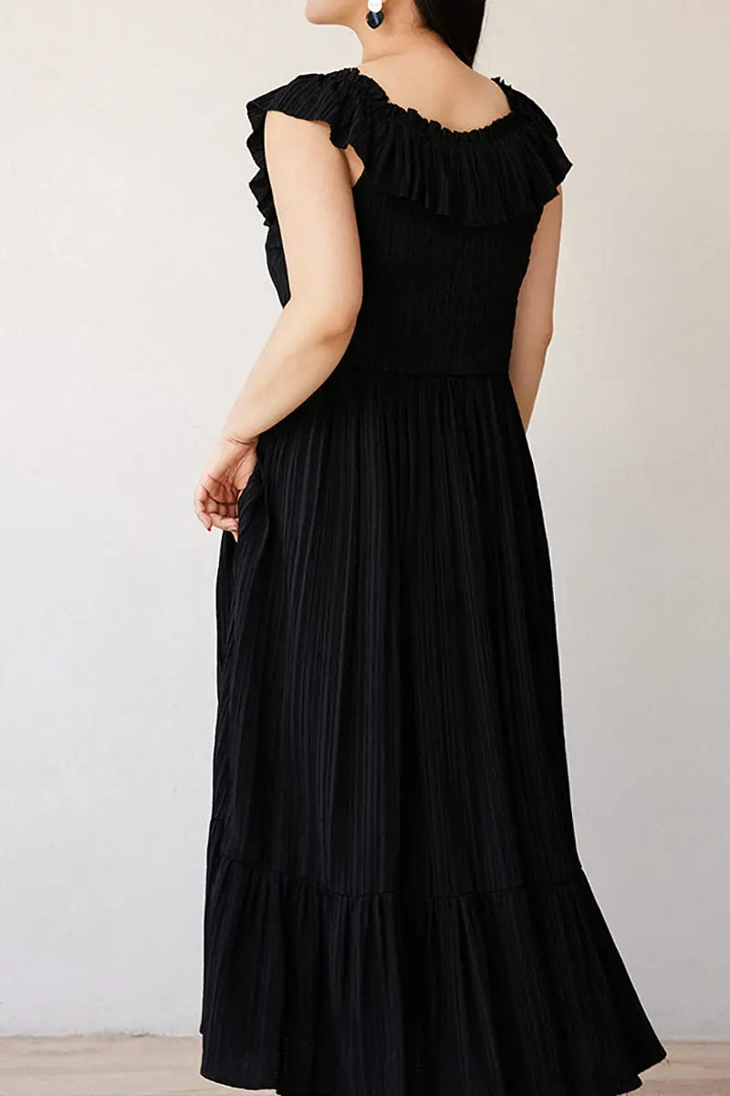 Black Off-the-Shoulder Ruffled Fit & Flare Midi Dress