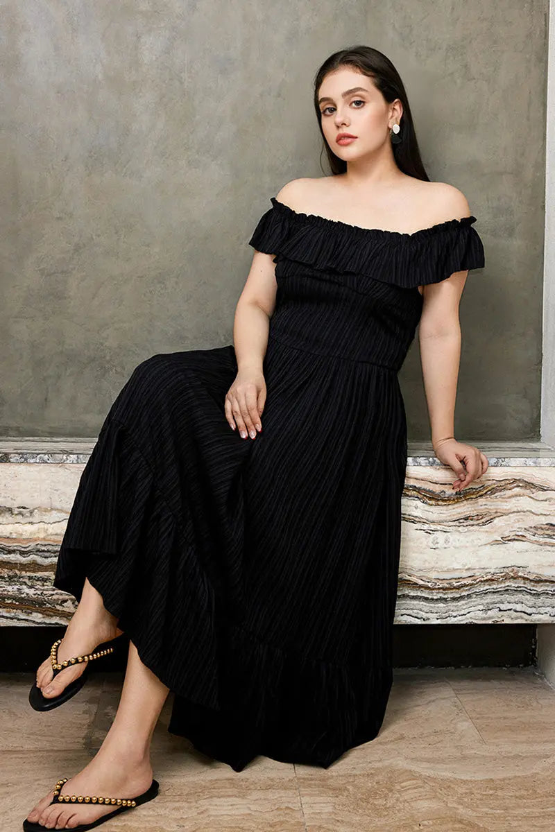 Black Off-the-Shoulder Ruffled Fit & Flare Midi Dress
