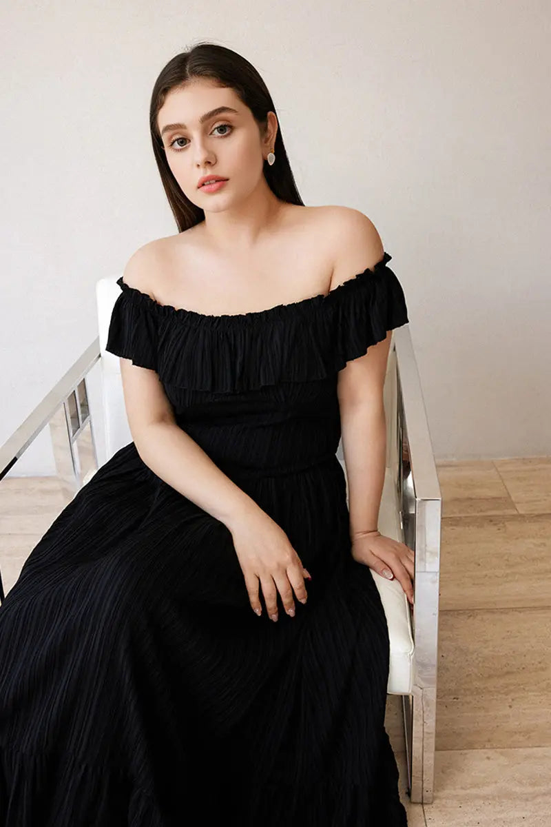 Black Off-the-Shoulder Ruffled Fit & Flare Midi Dress