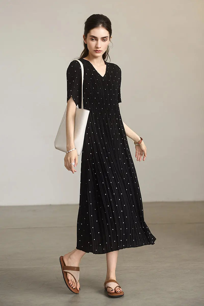 Black Pleated Polka Dot V-Neck Midi Dress