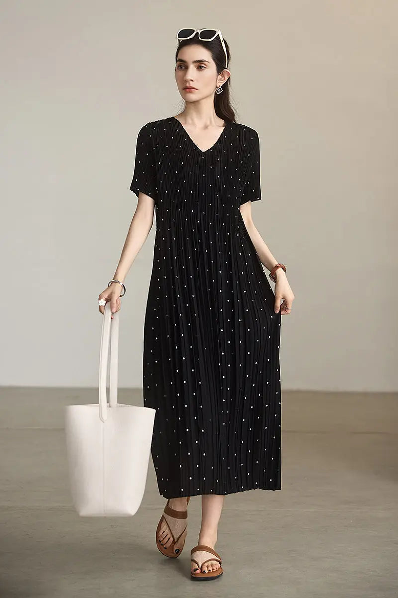 Black Pleated Polka Dot V-Neck Midi Dress