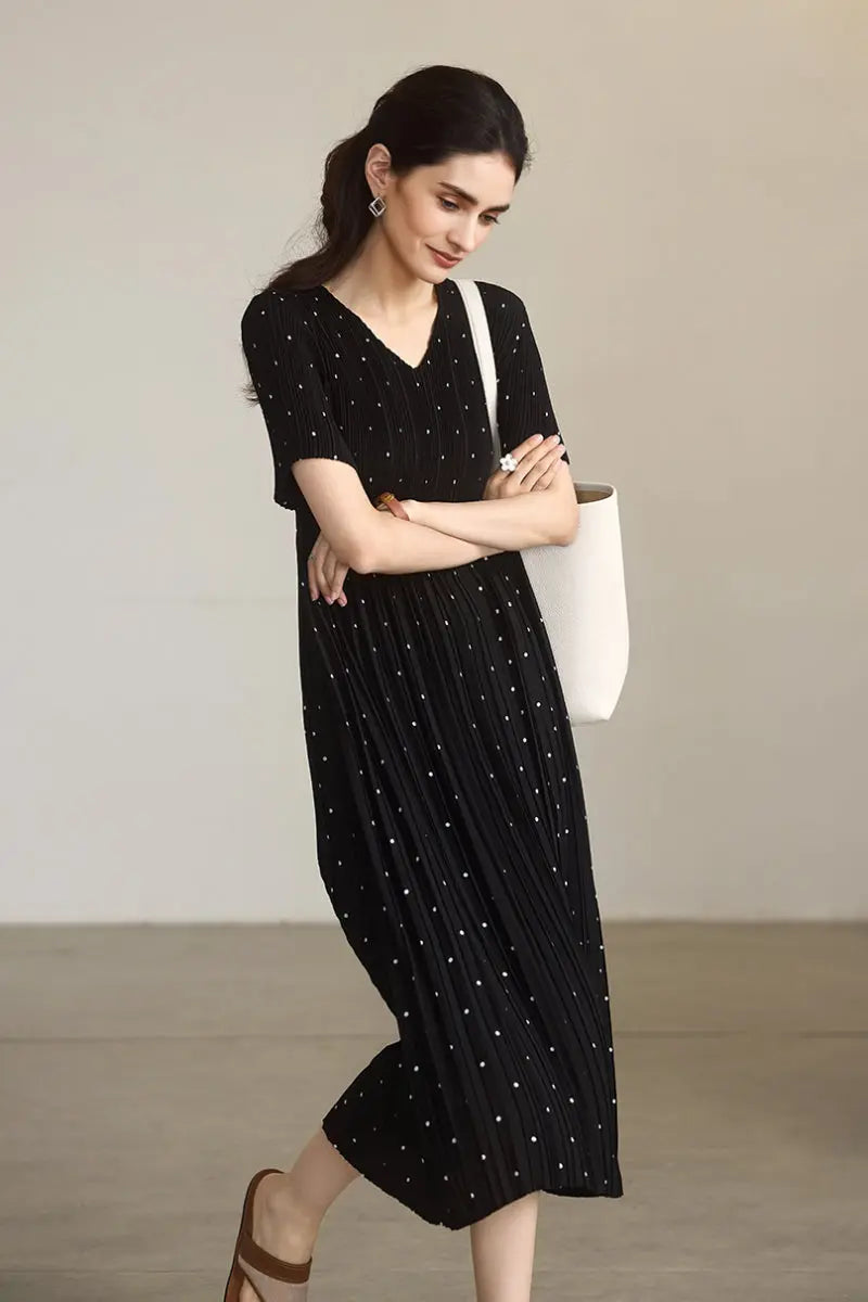 Black Pleated Polka Dot V-Neck Midi Dress