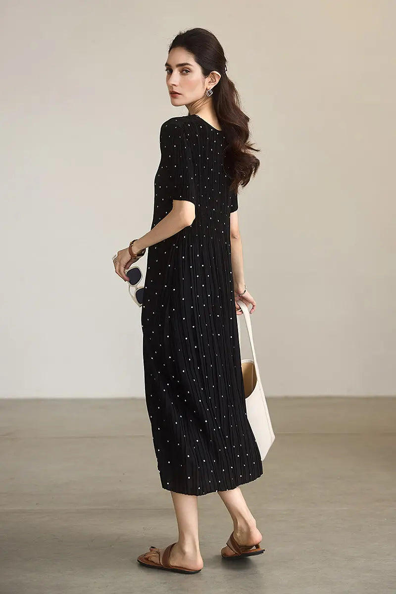 Black Pleated Polka Dot V-Neck Midi Dress