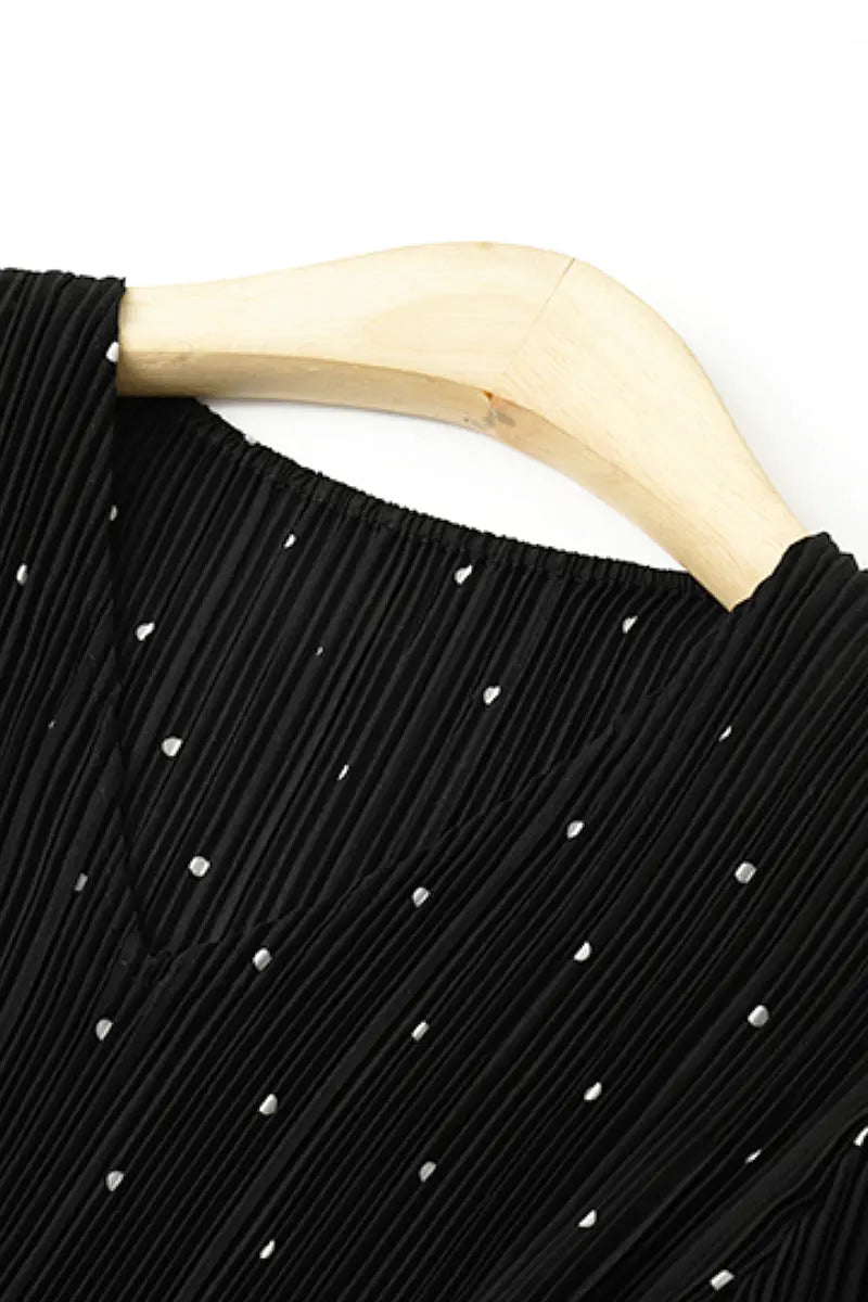 Black Pleated Polka Dot V-Neck Midi Dress