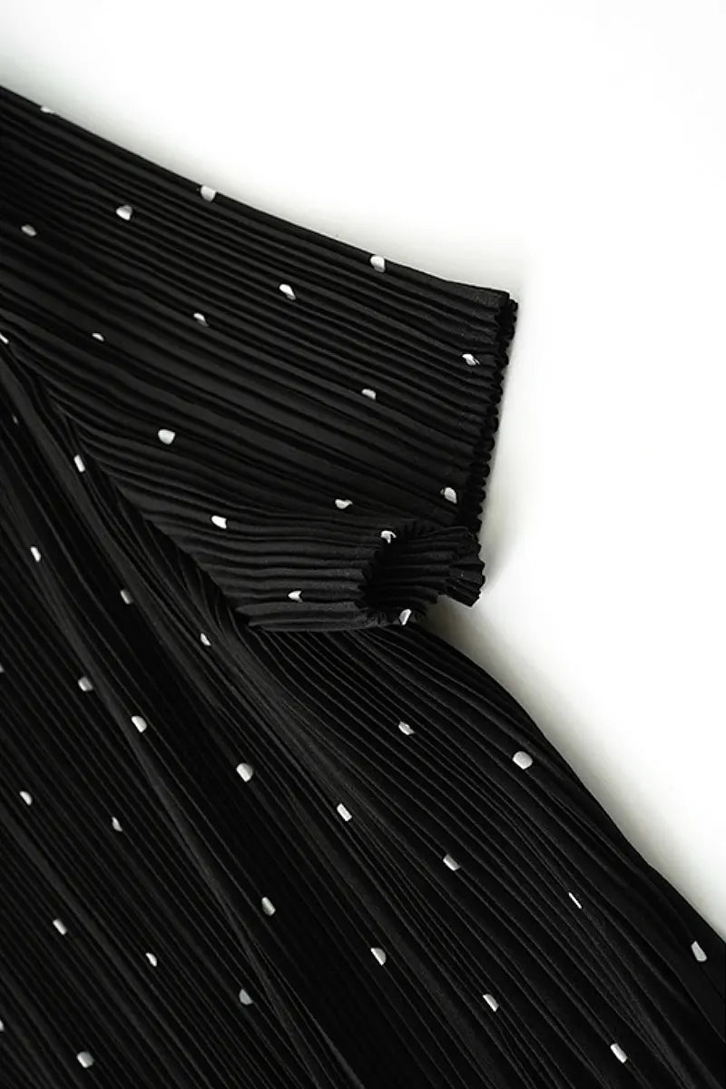 Black Pleated Polka Dot V-Neck Midi Dress