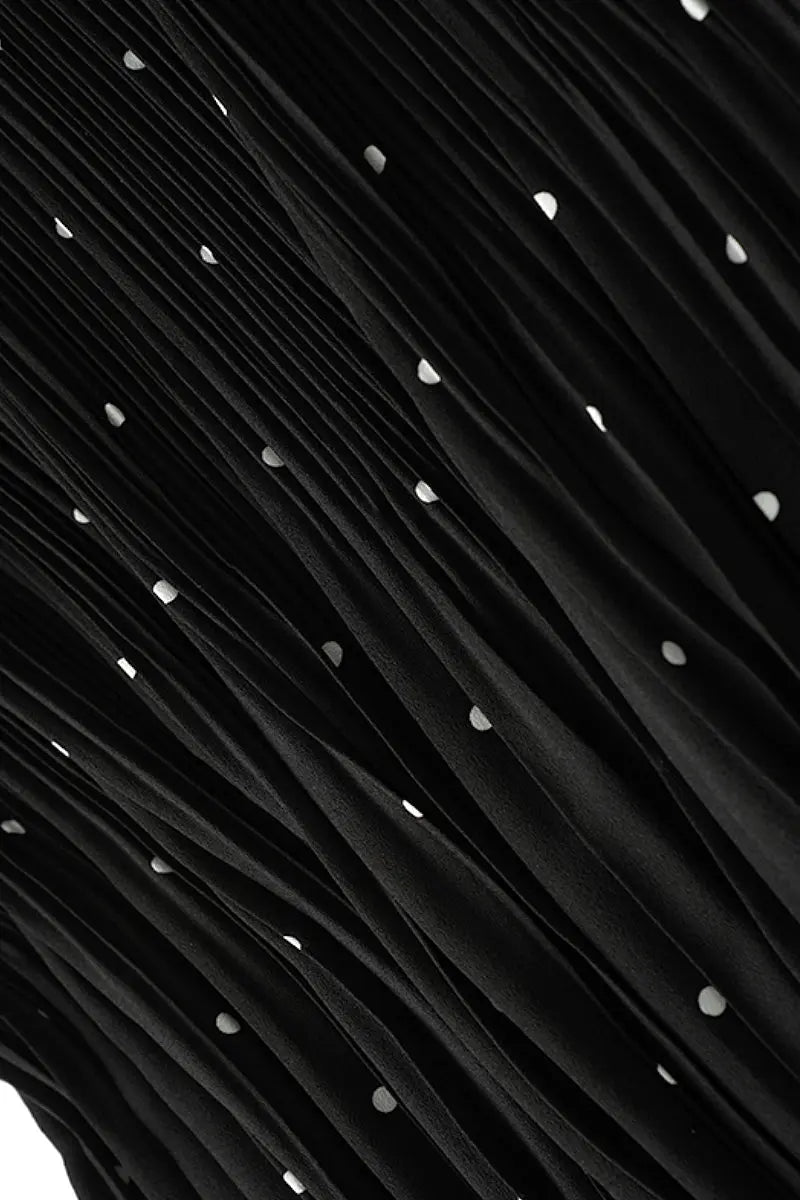 Black Pleated Polka Dot V-Neck Midi Dress