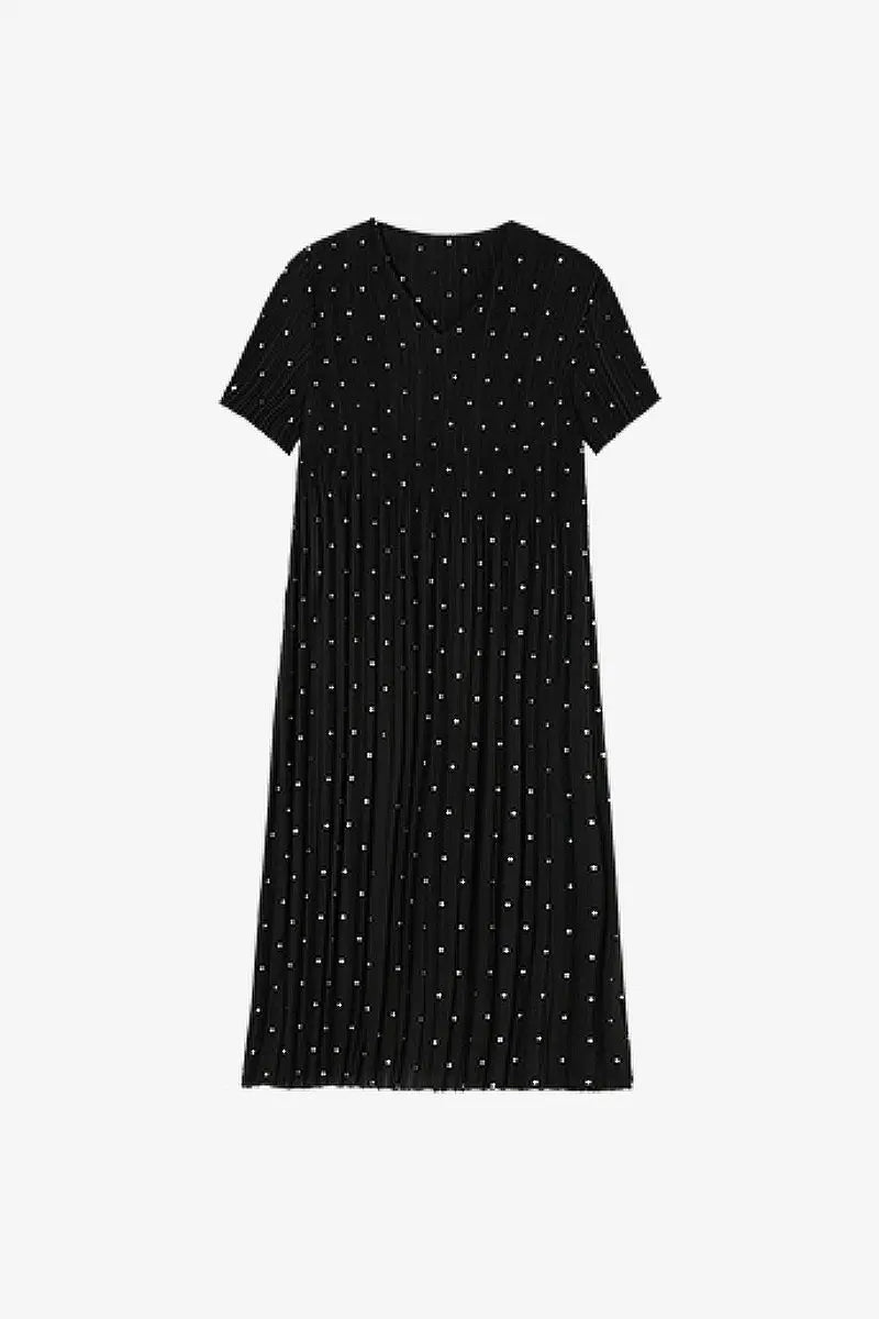 Black Pleated Polka Dot V-Neck Midi Dress