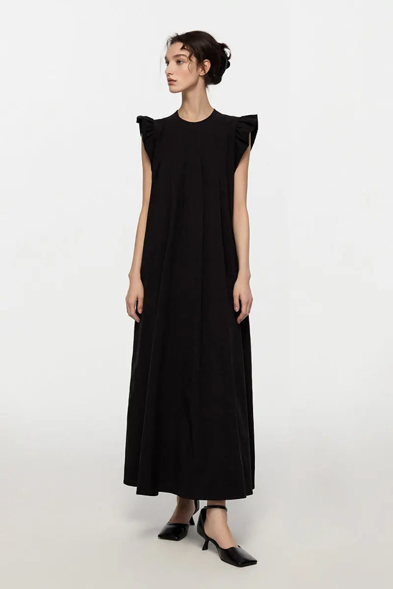 Black Ruffle Cap-Sleeve Trapeze Maxi Dress