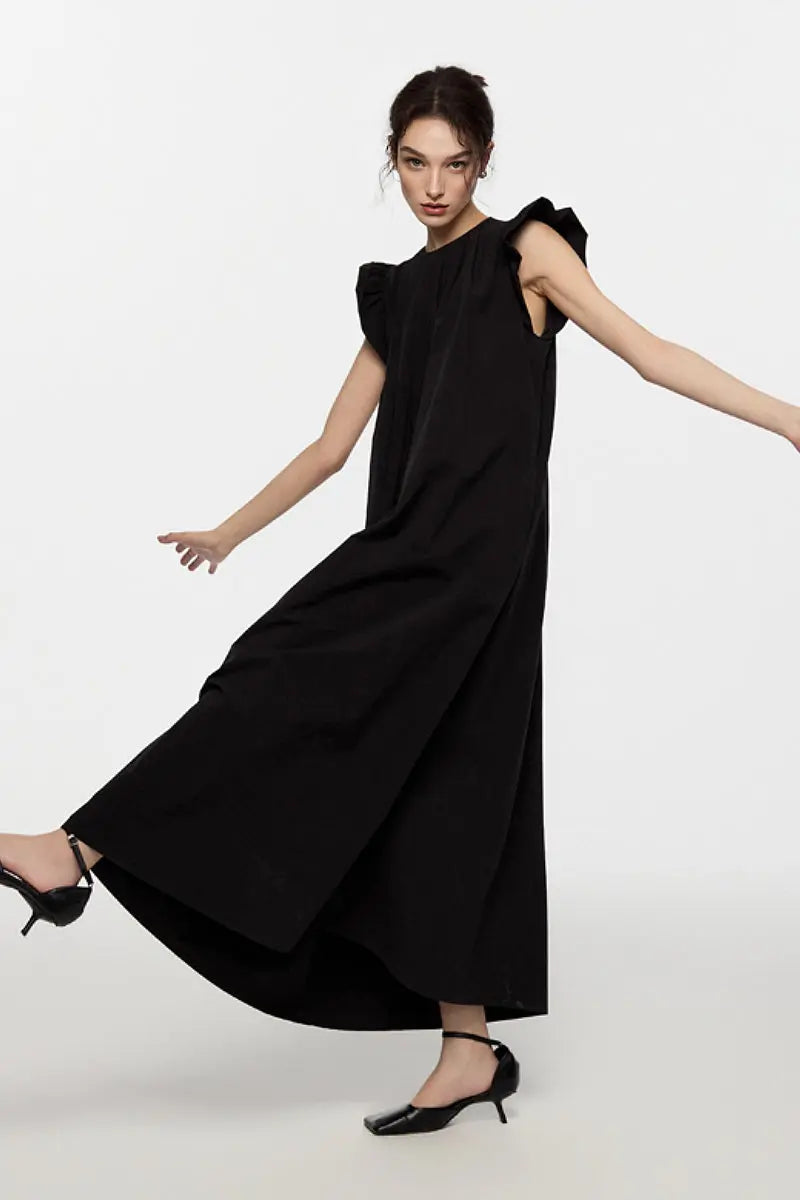 Black Ruffle Cap-Sleeve Trapeze Maxi Dress