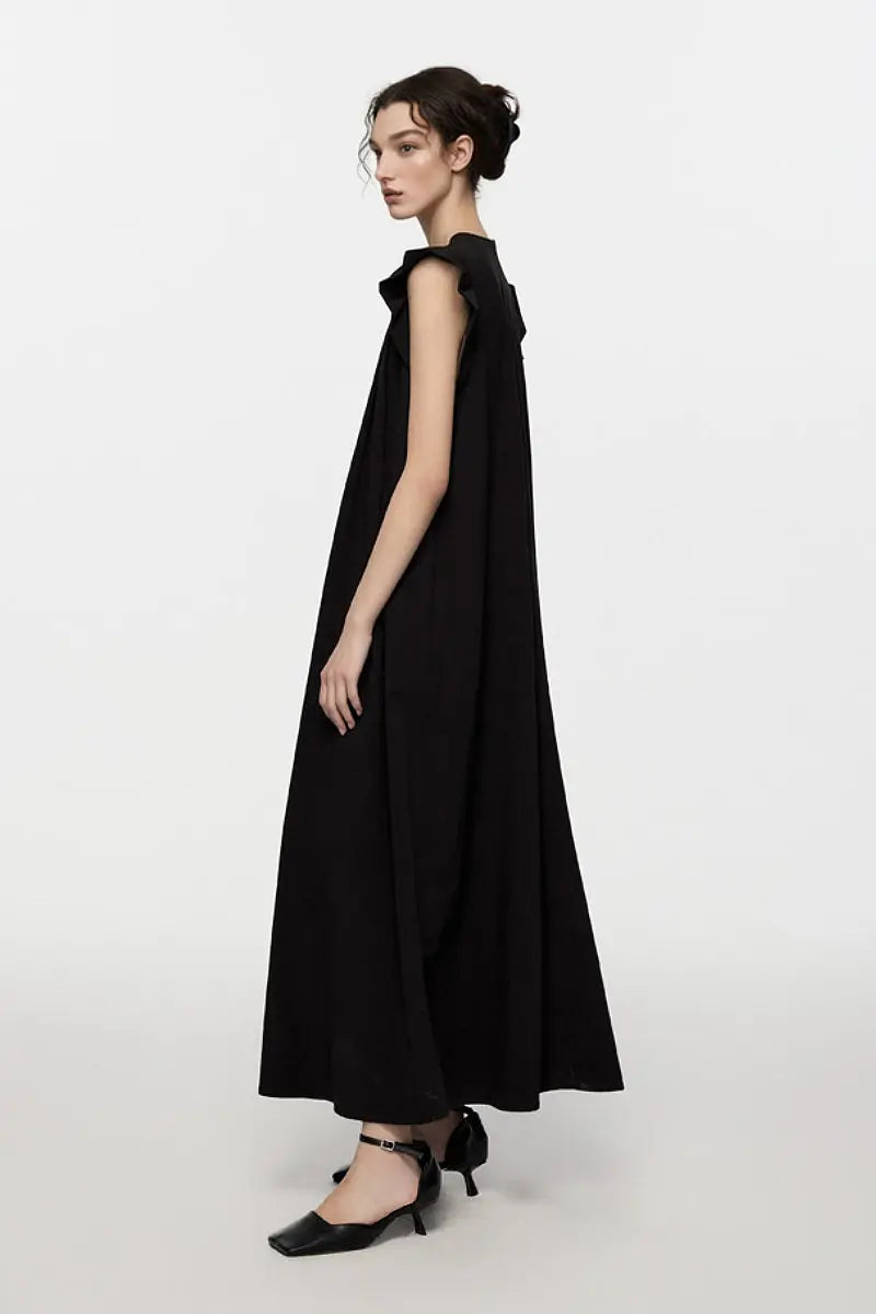 Black Ruffle Cap-Sleeve Trapeze Maxi Dress