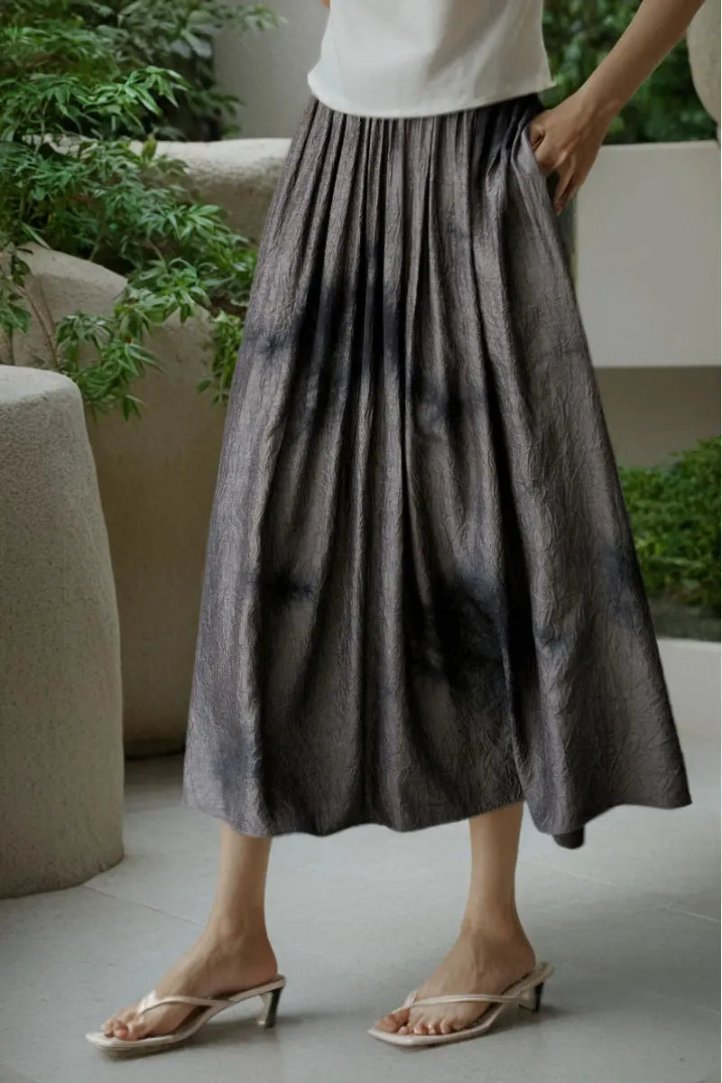 Black Textured Tie-Dye A-Line Maxi Skirt
