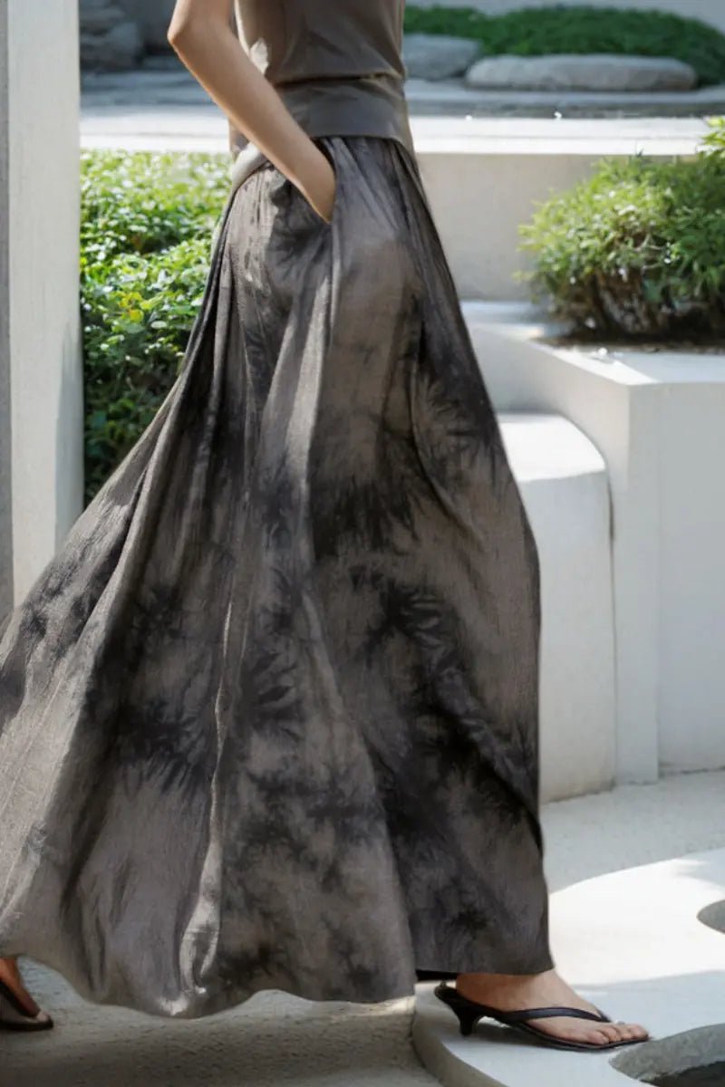 Black Textured Tie-Dye A-Line Maxi Skirt