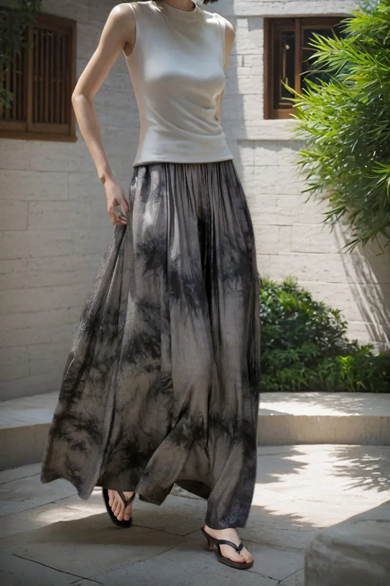 Black Textured Tie-Dye A-Line Maxi Skirt