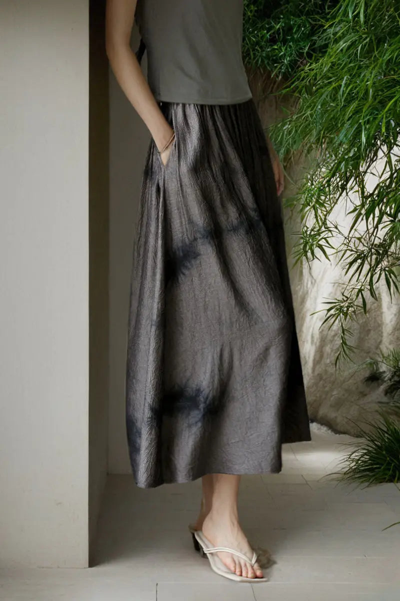 Black Textured Tie-Dye A-Line Maxi Skirt