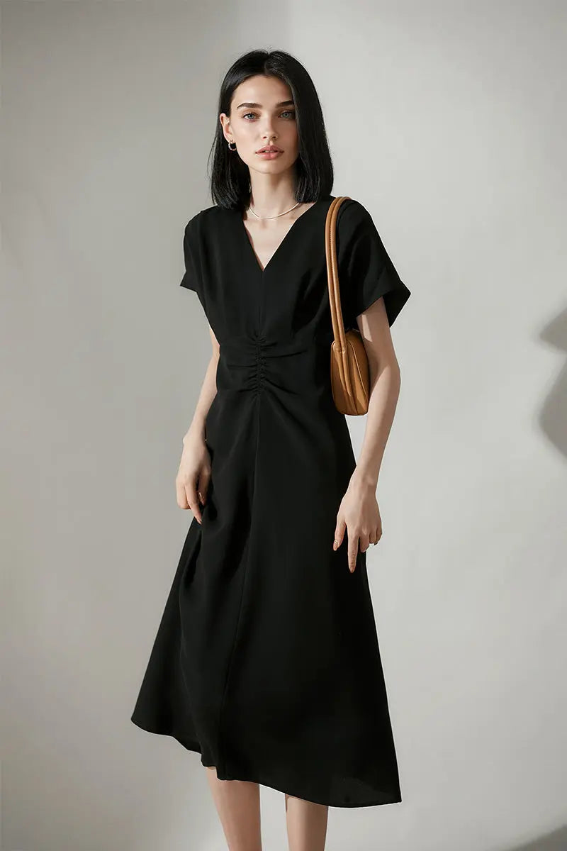 Black Triacetate V-Neck Gathered Waist Midi Dress