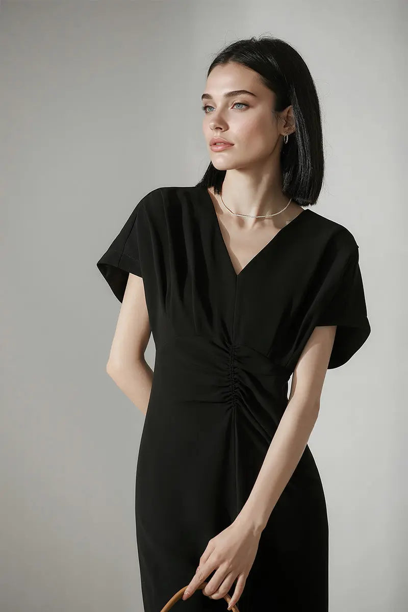 Black Triacetate V-Neck Gathered Waist Midi Dress