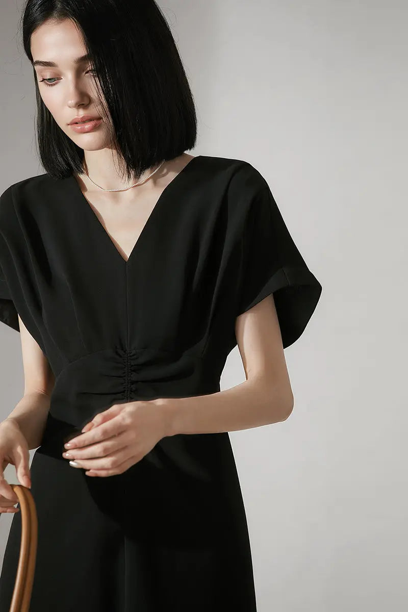 Black Triacetate V-Neck Gathered Waist Midi Dress