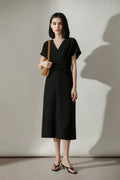 Black Triacetate V-Neck Gathered Waist Midi Dress