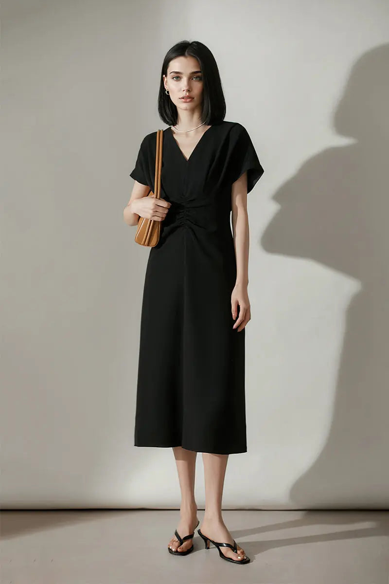 Black Triacetate V-Neck Gathered Waist Midi Dress
