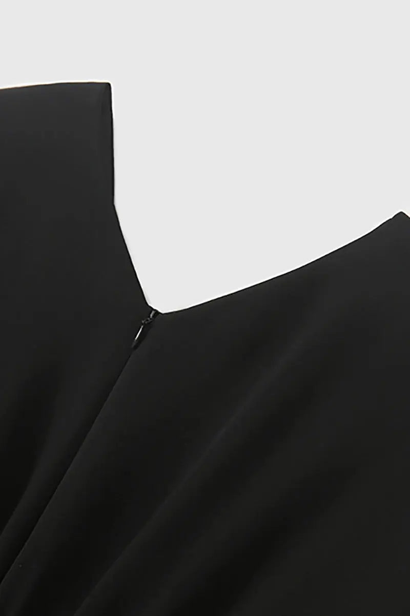 Black Triacetate V-Neck Gathered Waist Midi Dress