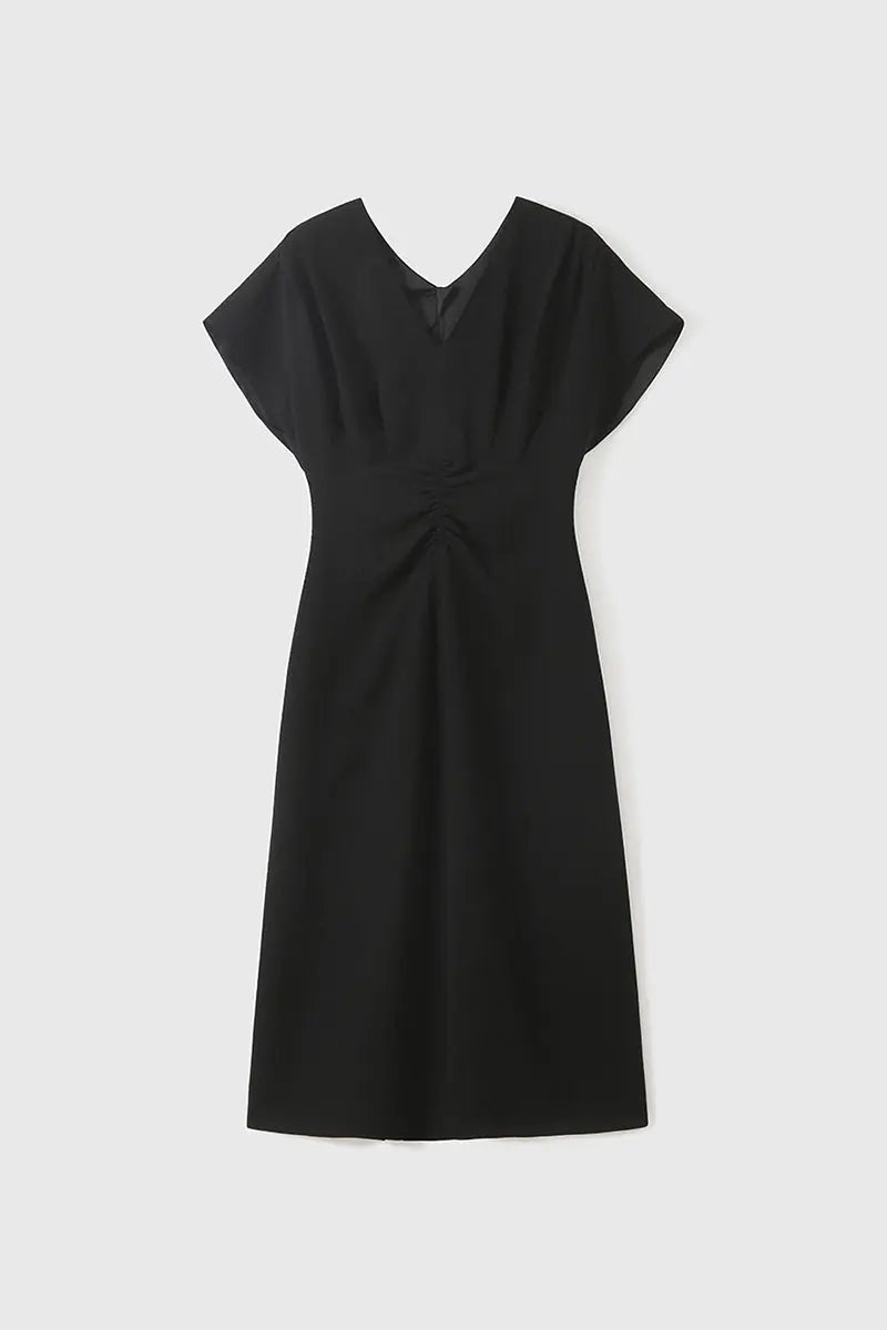 Black Triacetate V-Neck Gathered Waist Midi Dress
