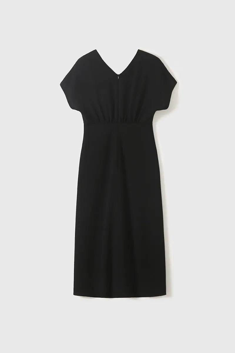 Black Triacetate V-Neck Gathered Waist Midi Dress