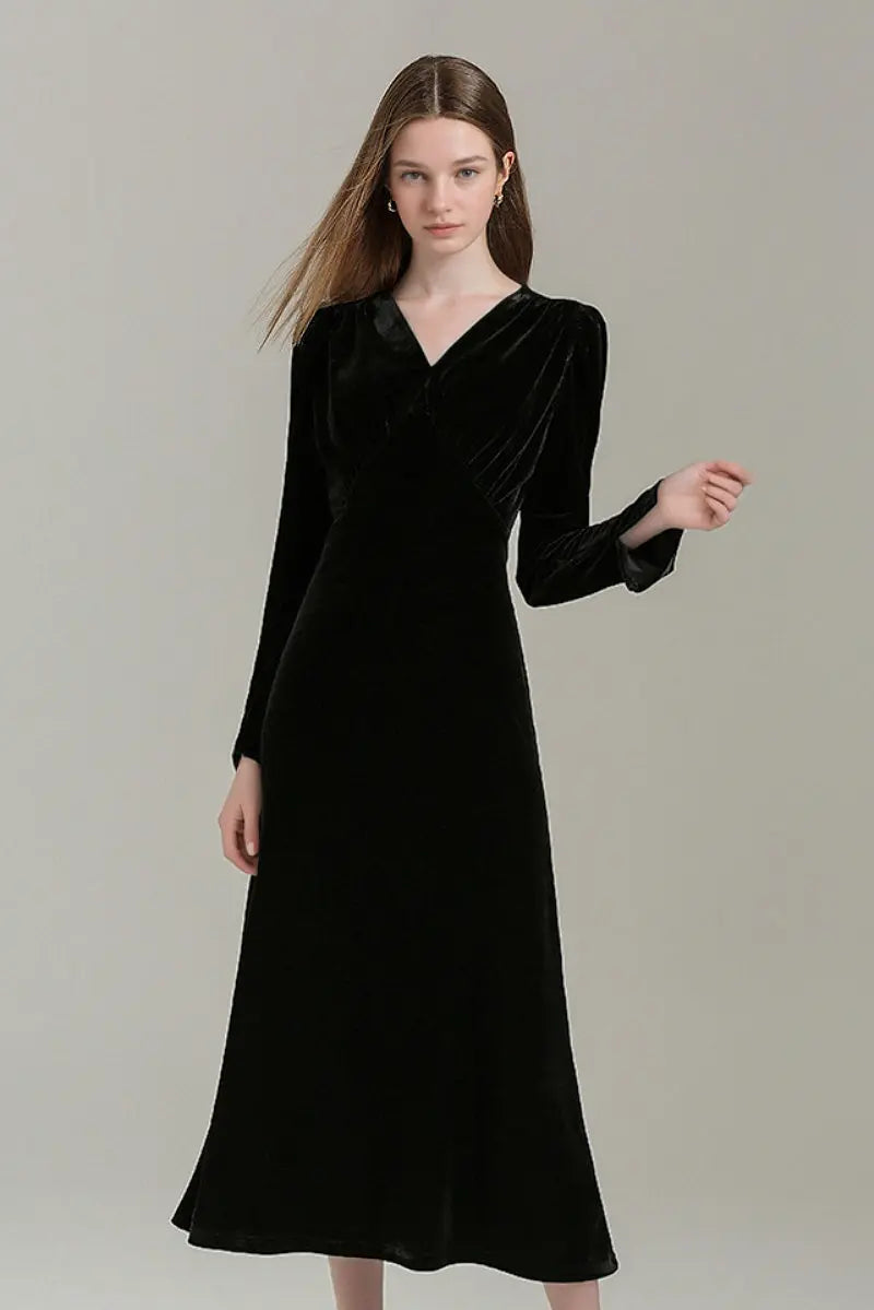 Black V Neck Long Sleeve Velvet Midi Dress with Ruched Waist
