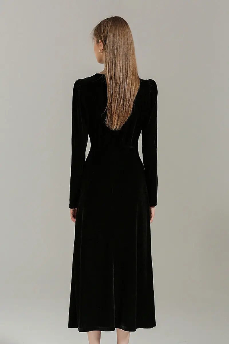Black V Neck Long Sleeve Velvet Midi Dress with Ruched Waist